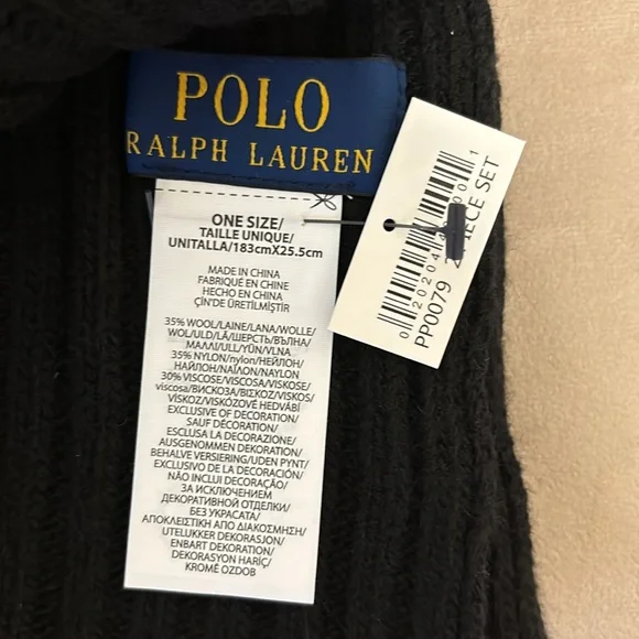 Polo Ralph Lauren Hat & Scarf set-35% wool -Black with white logo
